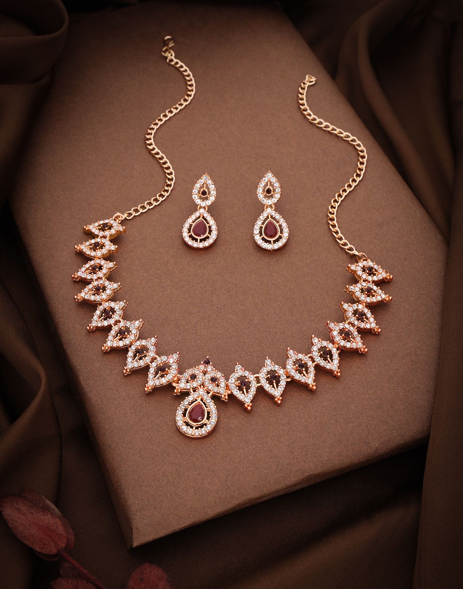 Maroon Rose Gold Choker Necklace Set With Drop Earring