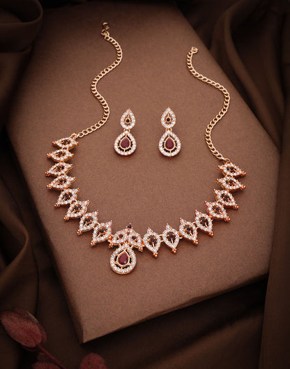 Maroon Rose Gold Choker Necklace Set With Drop Earring