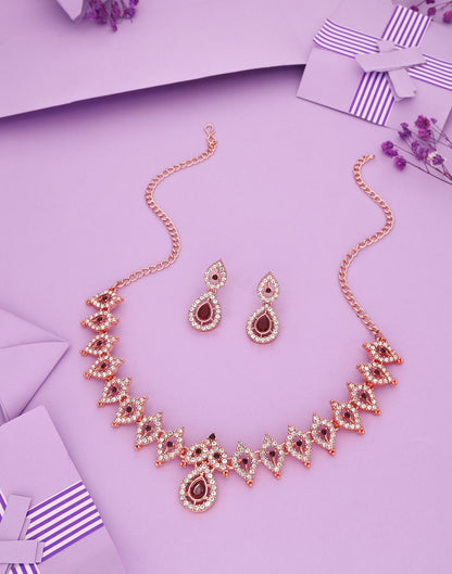 Maroon Rose Gold Choker Necklace Set With Drop Earring