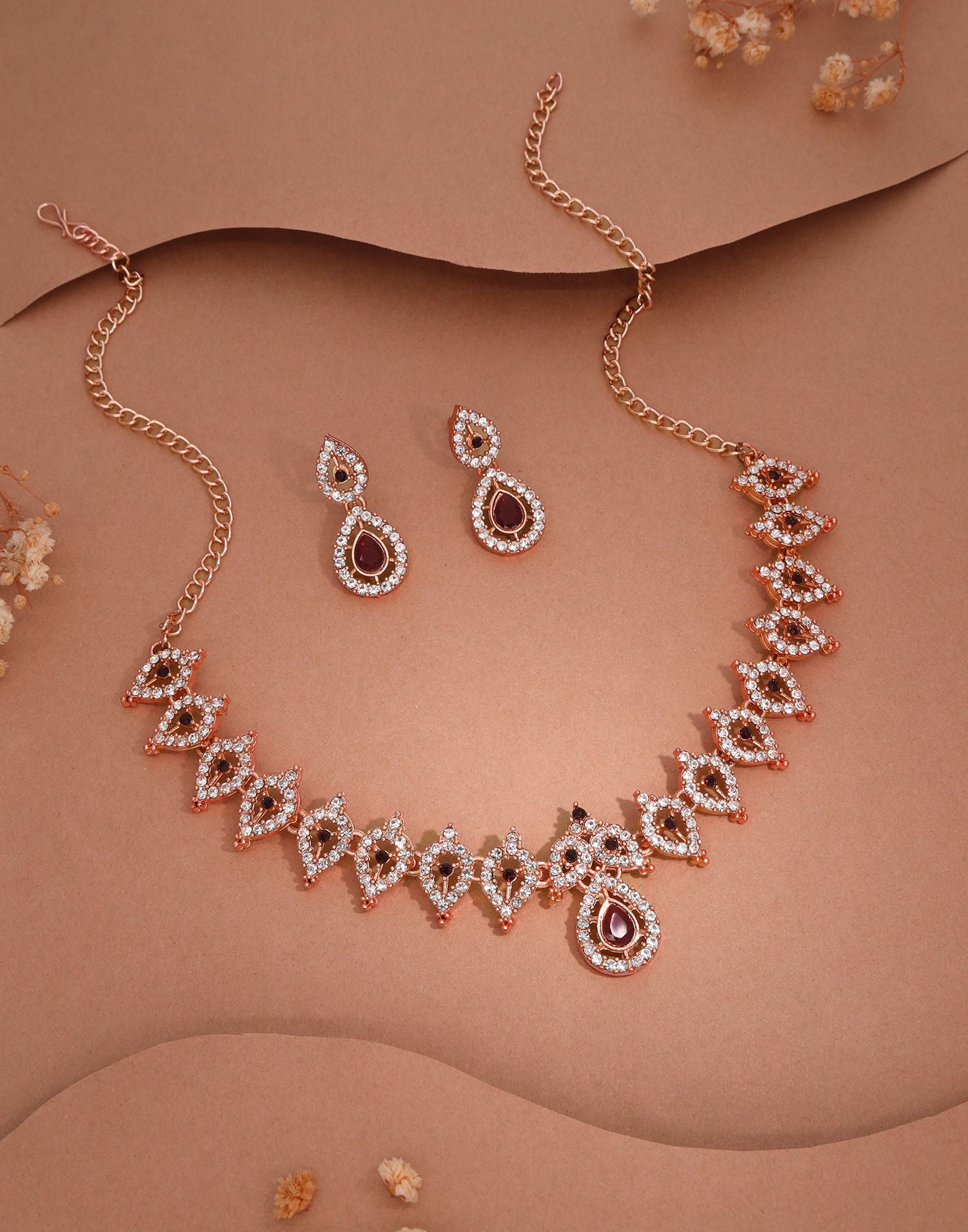 Maroon Rose Gold Choker Necklace Set With Drop Earring