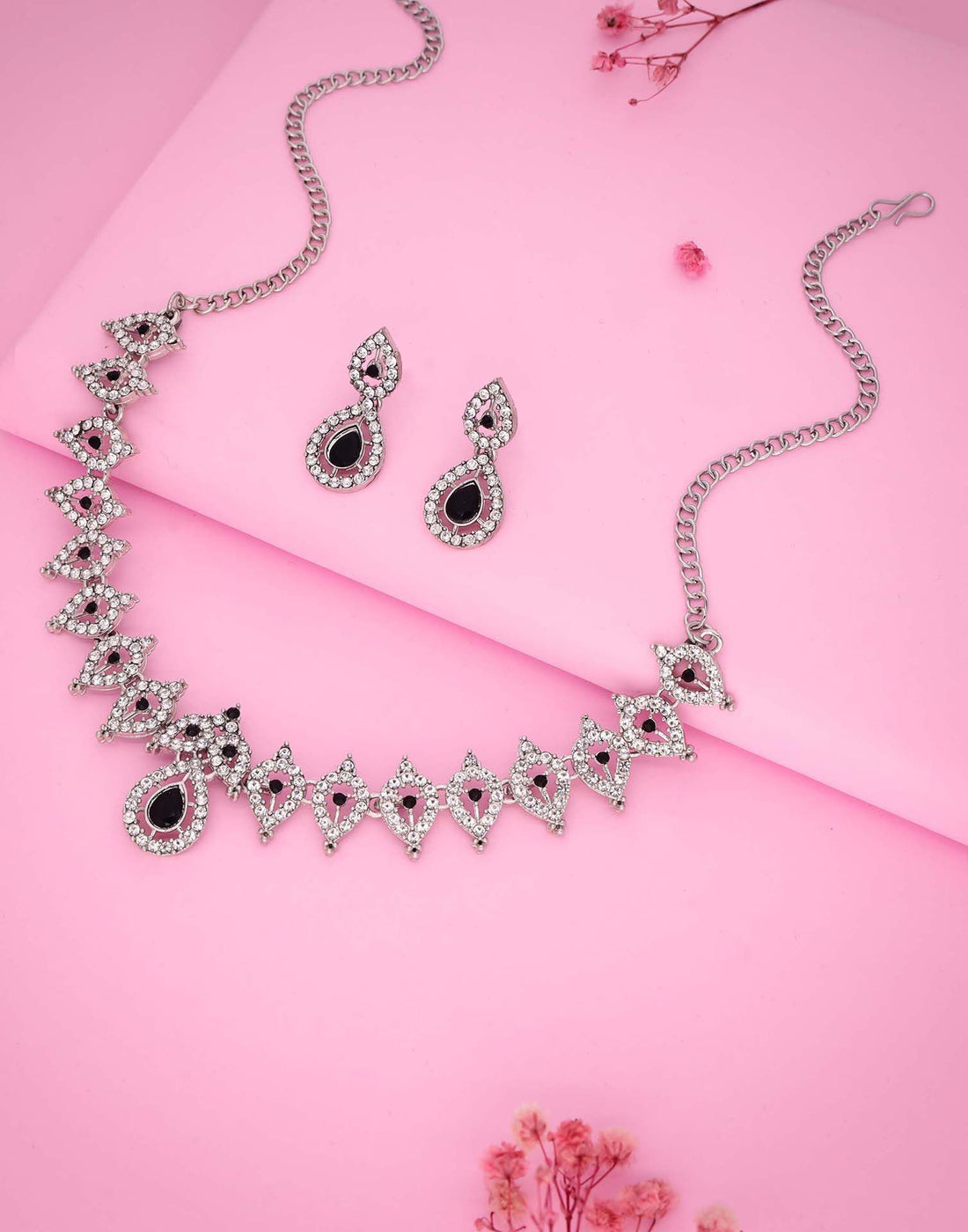 Black Rhodium Silver Choker Necklace Set With Drop Earring