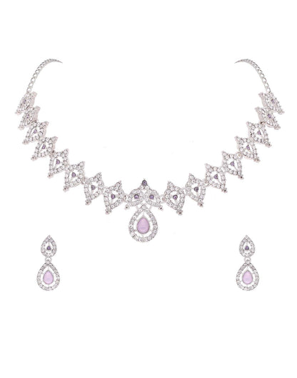 Lavender Rhodium Silver Choker Necklace Set With Drop Earring