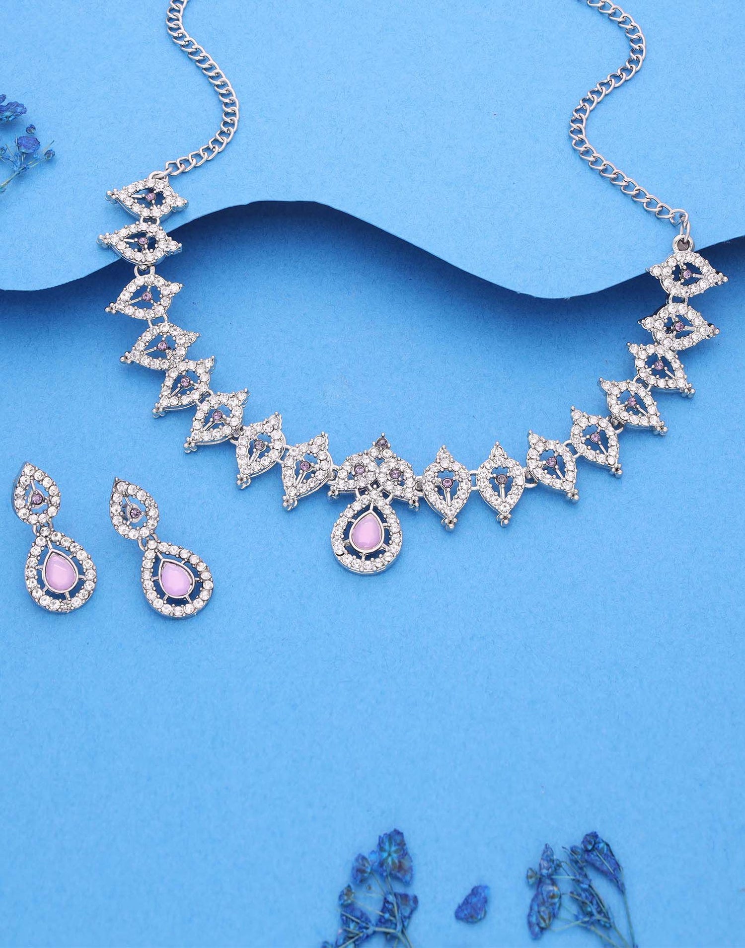 Lavender Rhodium Silver Choker Necklace Set With Drop Earring