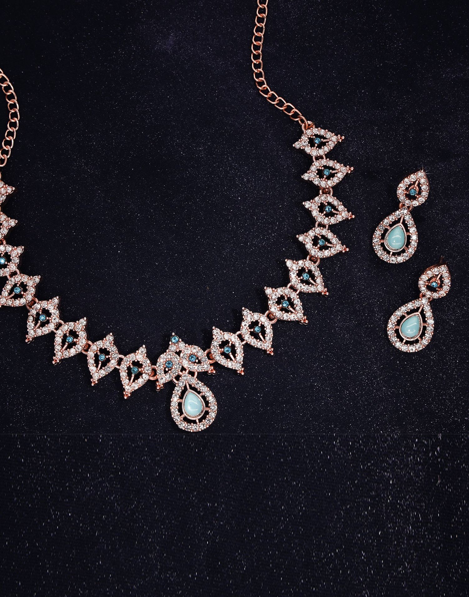 Blue Rose Gold Choker Necklace Set With Dangle Earring