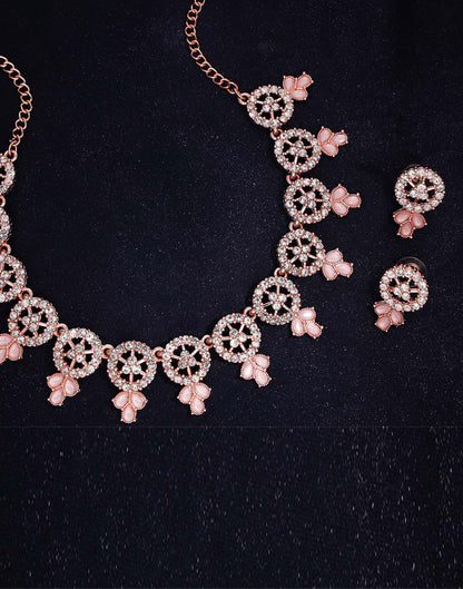 Pink Rose Gold Choker Necklace Set With Stud Earring