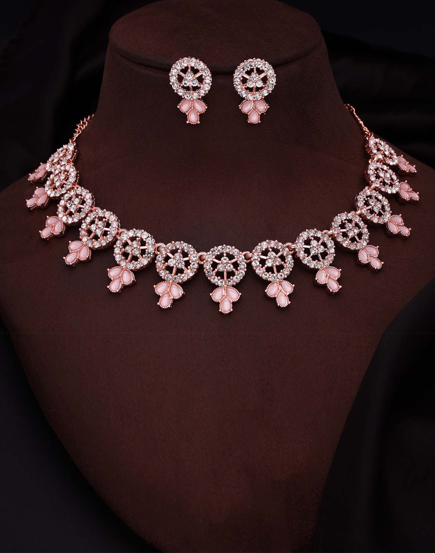 Pink Rose Gold Choker Necklace Set With Stud Earring