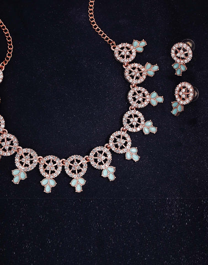 Blue Rose Gold Choker Necklace Set With Stud Earring