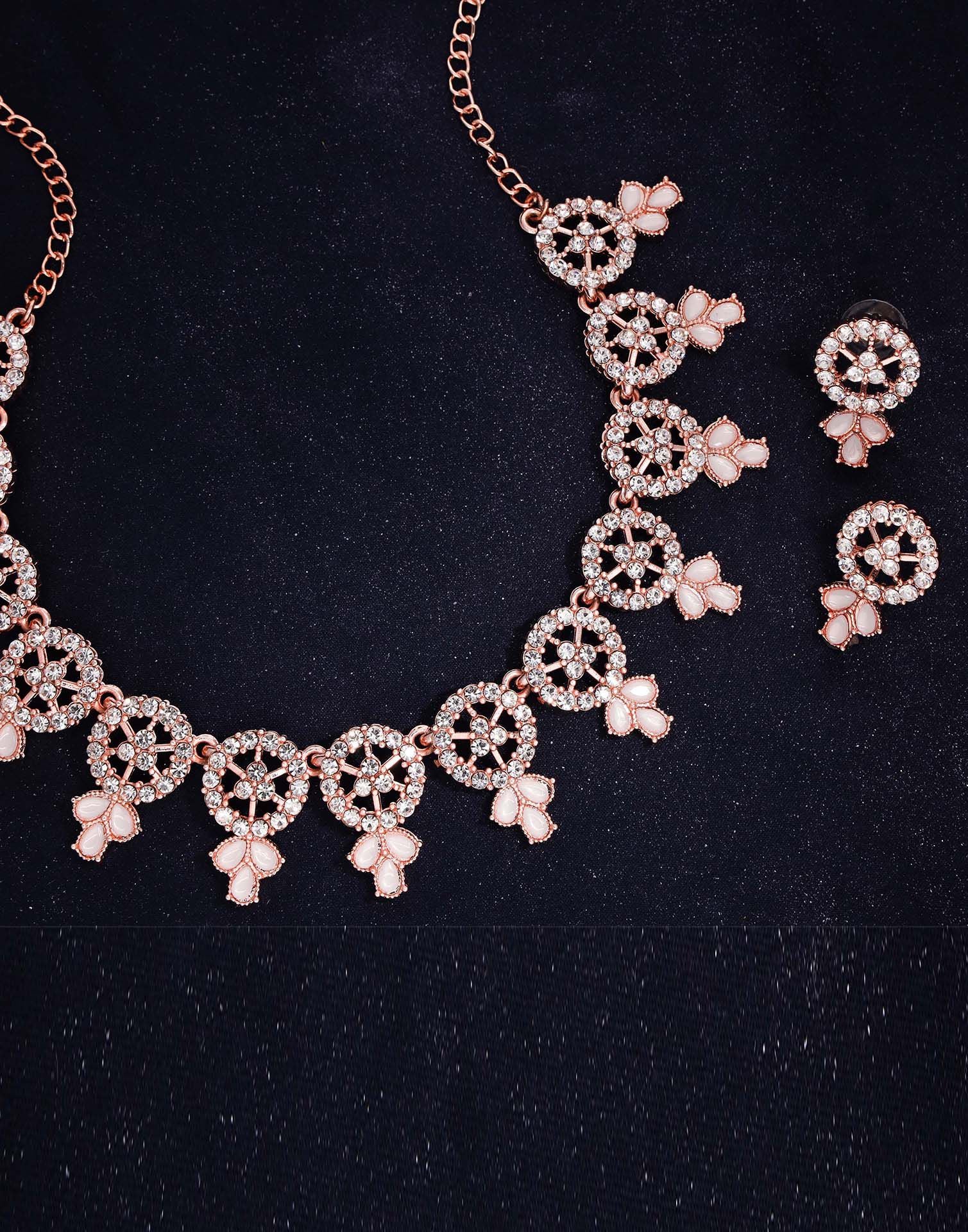 White Rose Gold Choker Necklace Set With Stud Earring