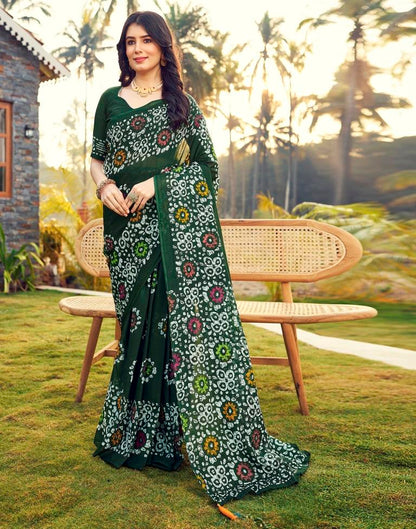 Ready to Wear Bottle Green Cotton Printed Saree