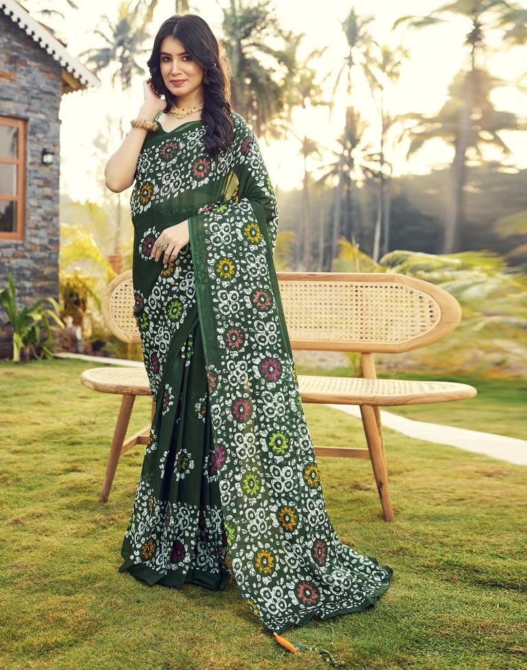 Ready to Wear Bottle Green Cotton Printed Saree