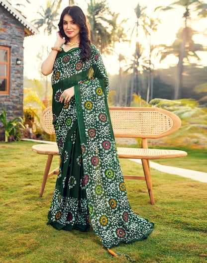 Ready to Wear Bottle Green Cotton Printed Saree