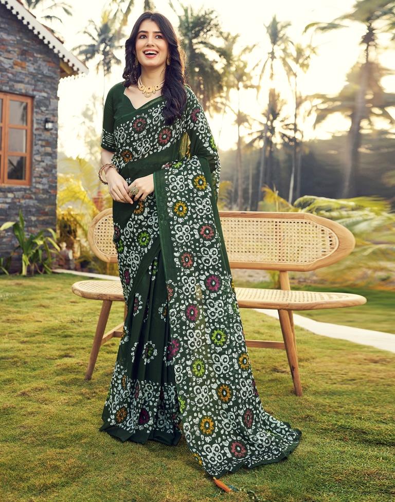 Ready to Wear Bottle Green Cotton Printed Saree