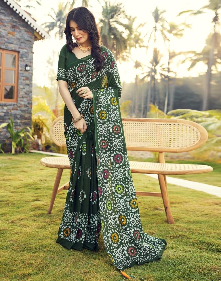 Ready to Wear Bottle Green Cotton Printed Saree