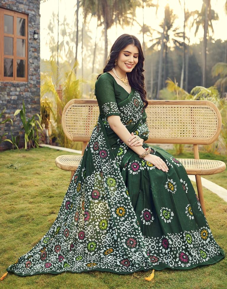 Ready to Wear Bottle Green Cotton Printed Saree