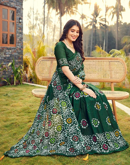 Ready to Wear Bottle Green Cotton Printed Saree