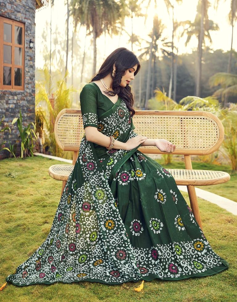 Ready to Wear Bottle Green Cotton Printed Saree