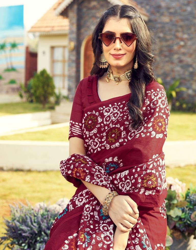 Ready to Wear Maroon Cotton Printed Saree