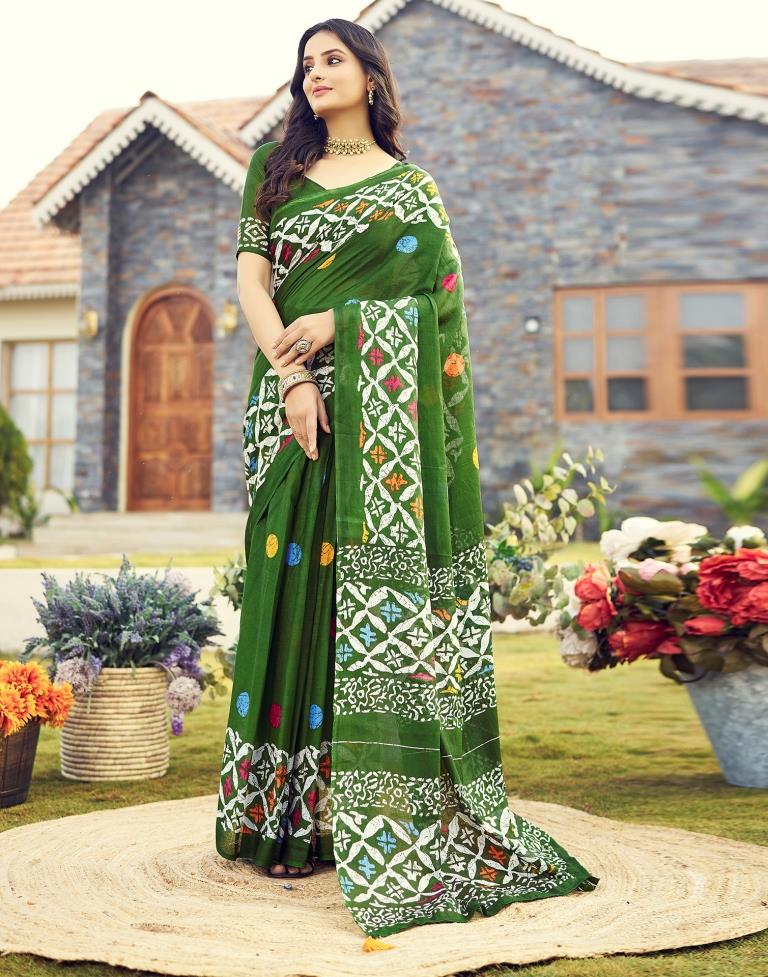 Ready to Wear Mehandi Green Cotton Printed Saree