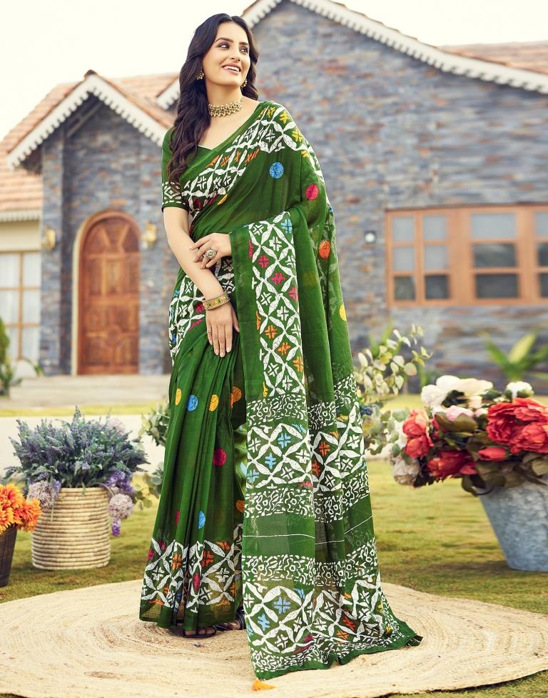 Ready to Wear Mehandi Green Cotton Printed Saree