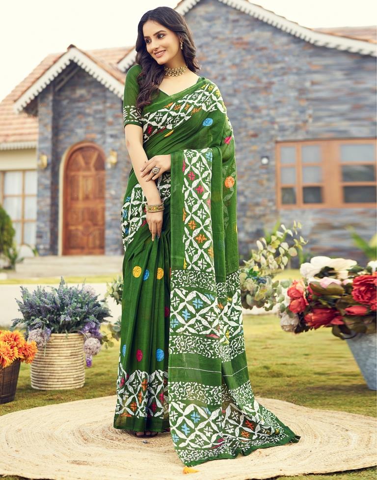 Ready to Wear Mehandi Green Cotton Printed Saree