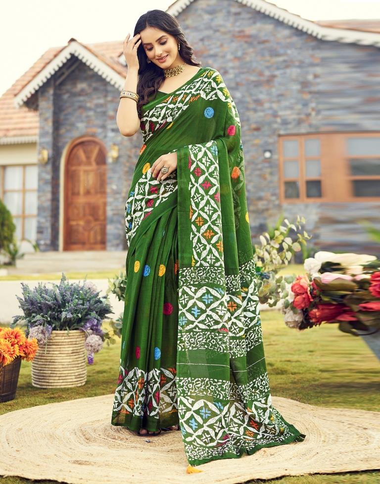 Ready to Wear Mehandi Green Cotton Printed Saree