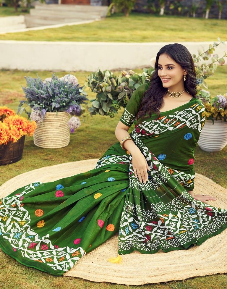 Ready to Wear Mehandi Green Cotton Printed Saree