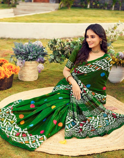 Ready to Wear Mehandi Green Cotton Printed Saree