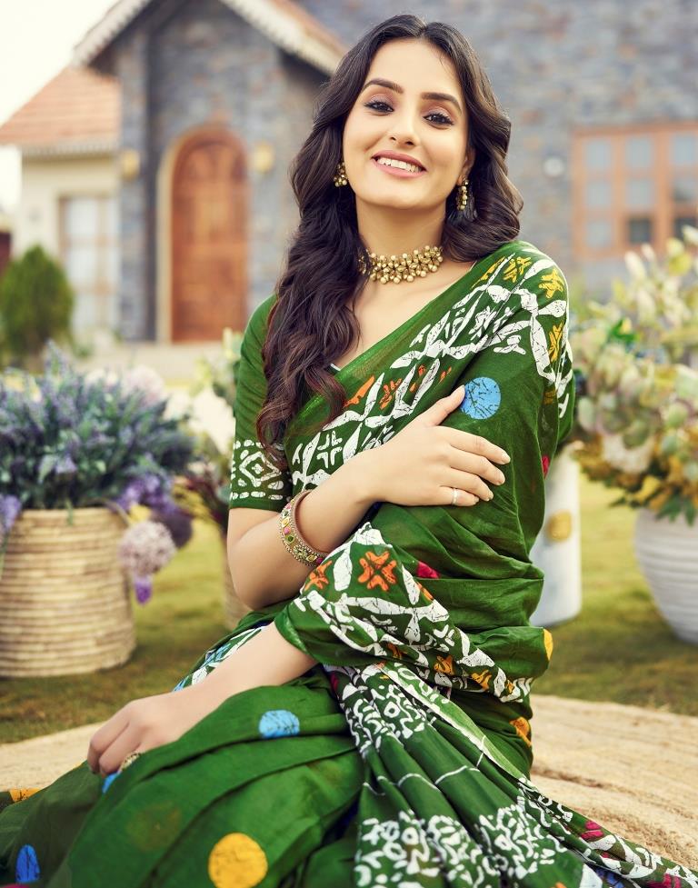 Ready to Wear Mehandi Green Cotton Printed Saree