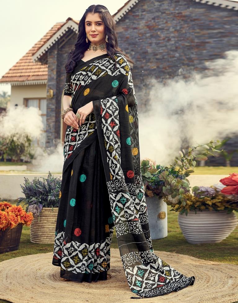 Ready to Wear Black Cotton Printed Saree