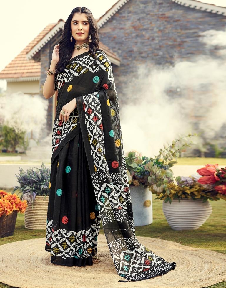 Ready to Wear Black Cotton Printed Saree