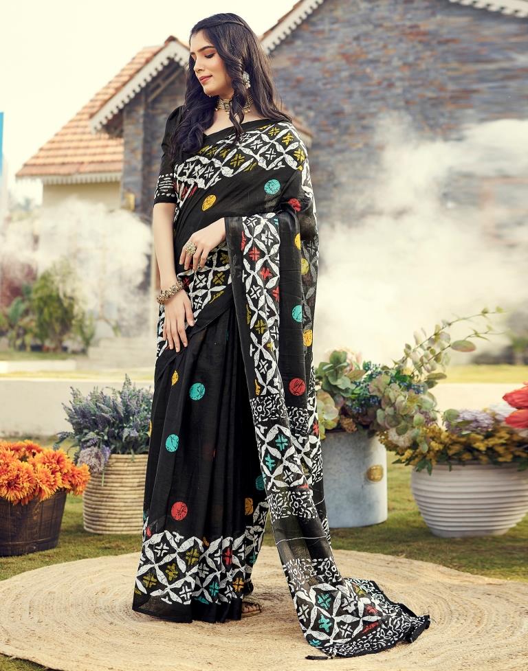 Ready to Wear Black Cotton Printed Saree