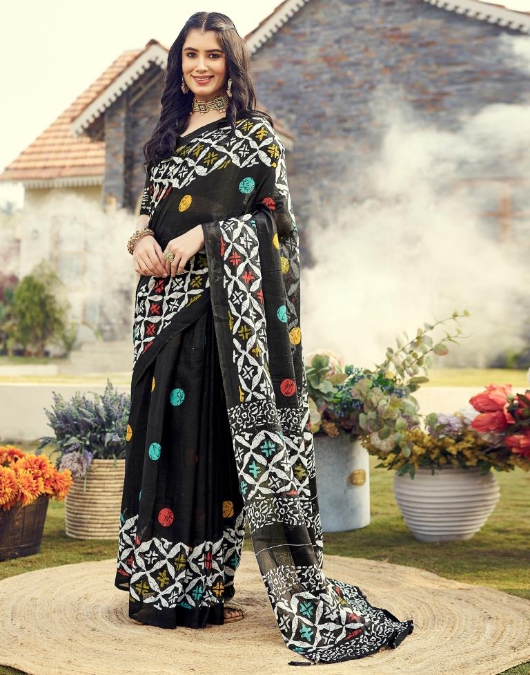 Ready to Wear Black Cotton Printed Saree