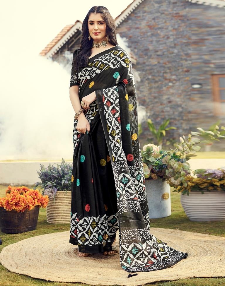 Ready to Wear Black Cotton Printed Saree