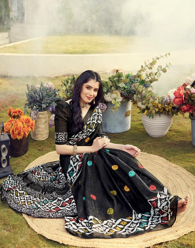 Ready to Wear Black Cotton Printed Saree