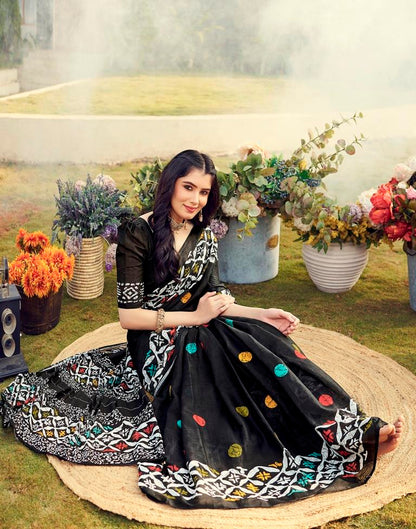 Ready to Wear Black Cotton Printed Saree