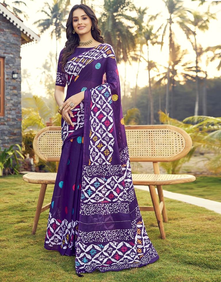 Ready to Wear Dark Purple Cotton Printed Saree