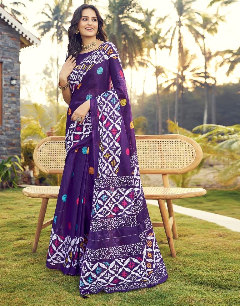 Ready to Wear Dark Purple Cotton Printed Saree