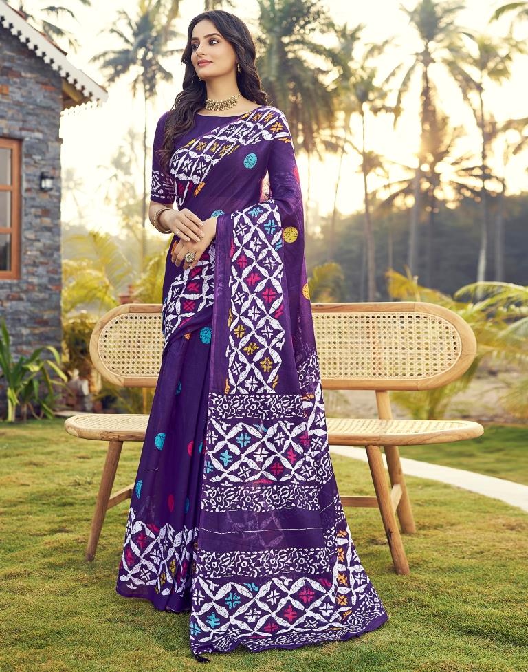 Ready to Wear Dark Purple Cotton Printed Saree