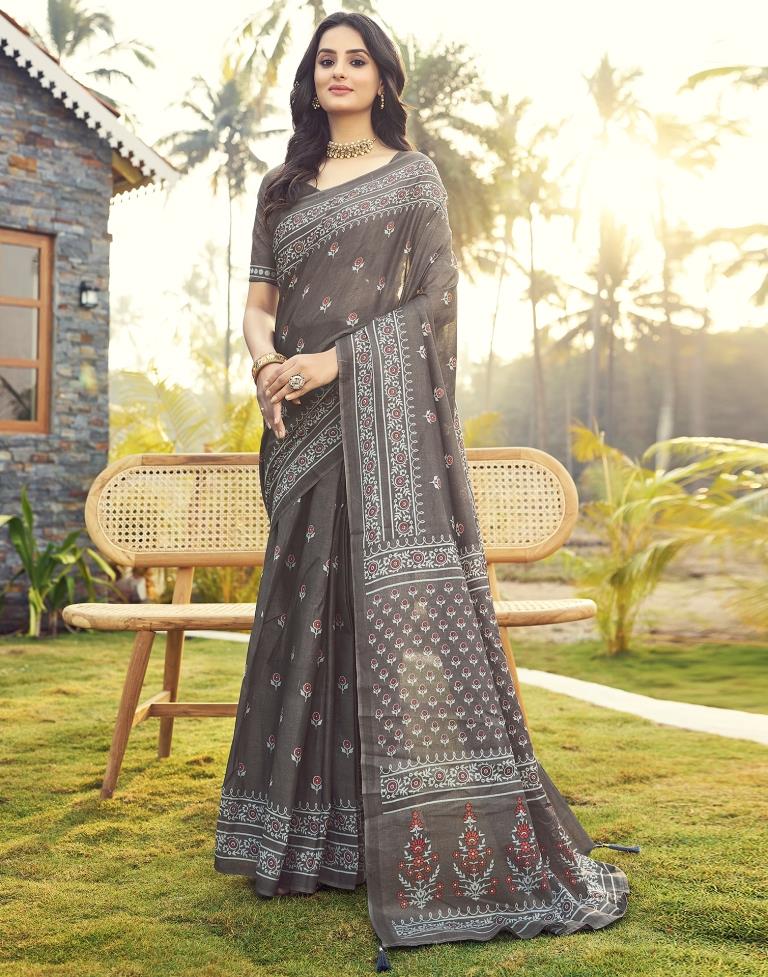 Ready to Wear Stone Grey Cotton Printed Saree