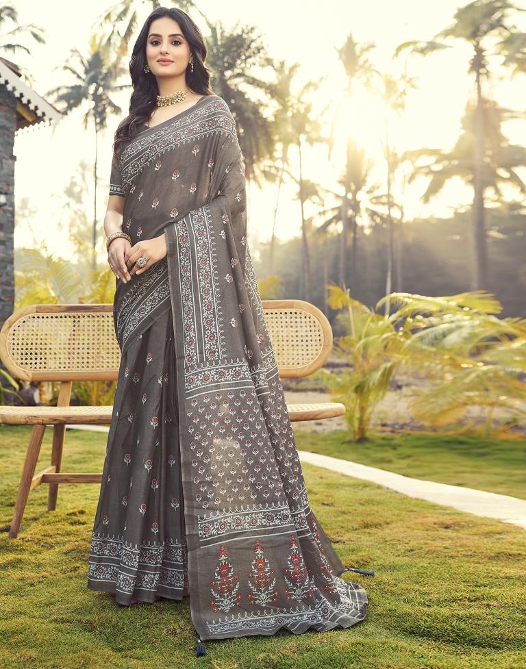 Ready to Wear Stone Grey Cotton Printed Saree