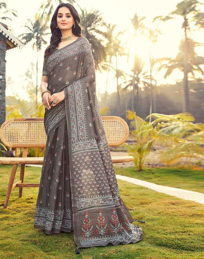 Ready to Wear Stone Grey Cotton Printed Saree