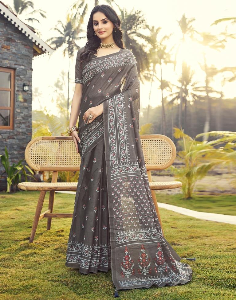 Ready to Wear Stone Grey Cotton Printed Saree