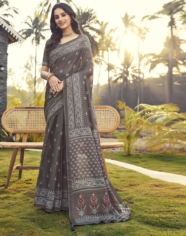 Ready to Wear Stone Grey Cotton Printed Saree