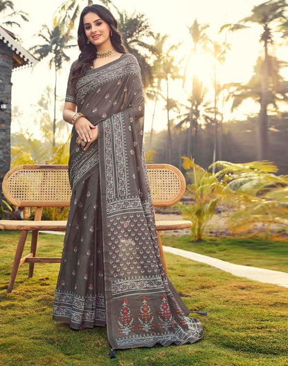 Ready to Wear Stone Grey Cotton Printed Saree