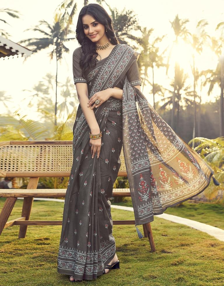 Ready to Wear Stone Grey Cotton Printed Saree