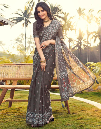 Ready to Wear Stone Grey Cotton Printed Saree