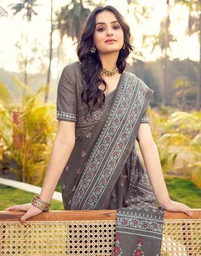 Ready to Wear Stone Grey Cotton Printed Saree