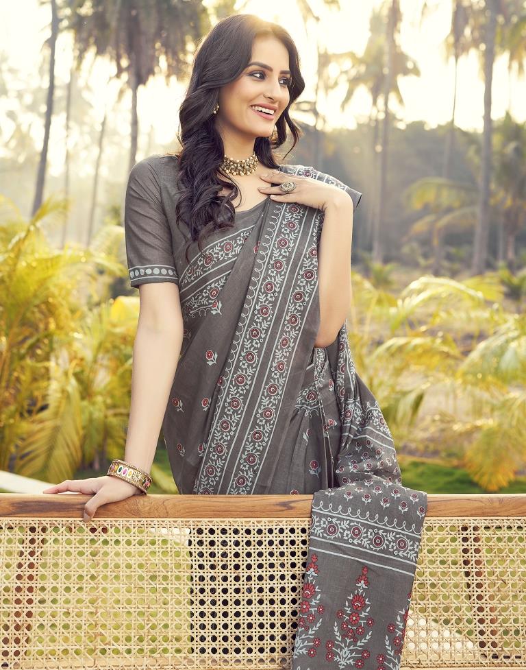 Ready to Wear Stone Grey Cotton Printed Saree