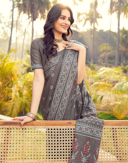 Ready to Wear Stone Grey Cotton Printed Saree