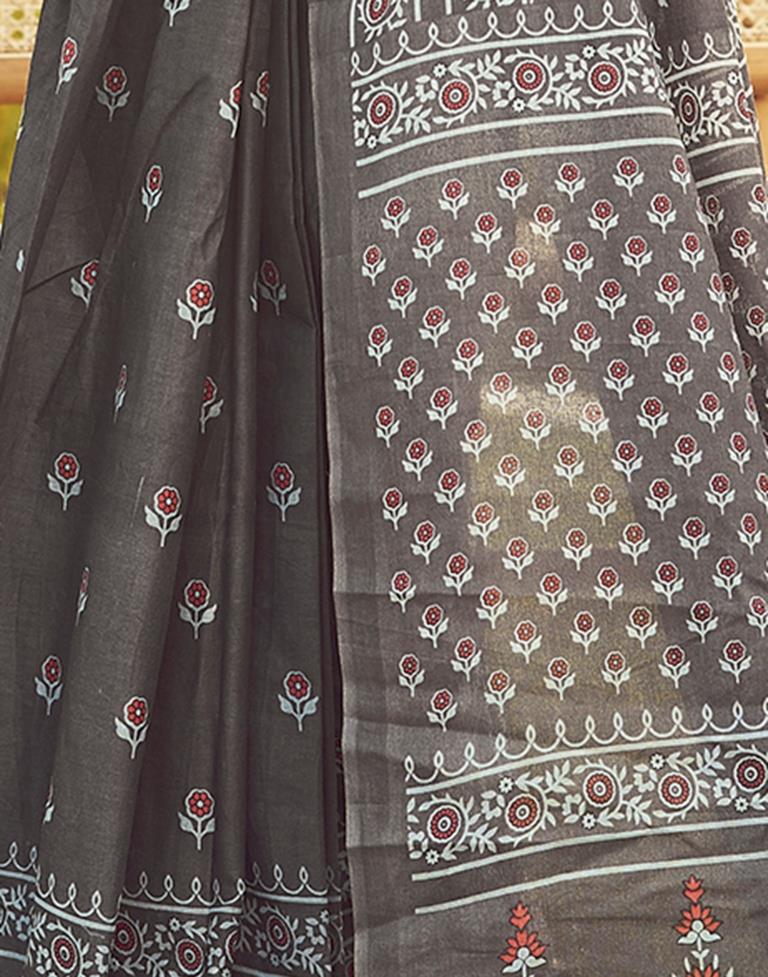 Ready to Wear Stone Grey Cotton Printed Saree